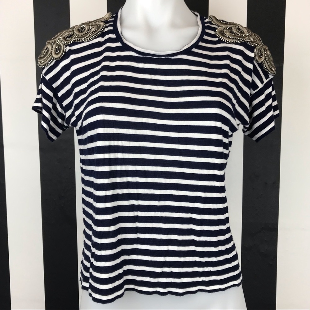 The Kooples Striped Embroidered Shoulder Top